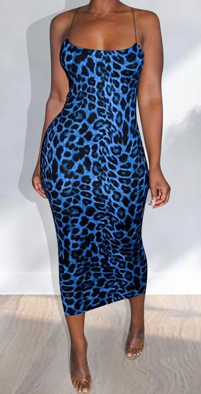 Leopard Print Blue Midi Dress