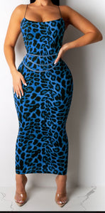 Leopard Print Blue Midi Dress